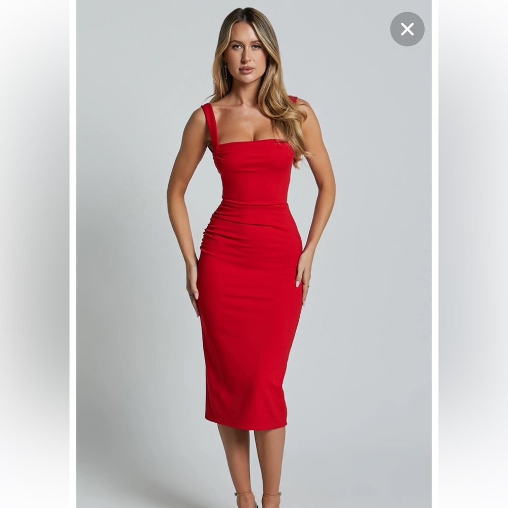 Showpo Tiffy Red Midi Dress square neck Ruched bodycon dress size 2 New